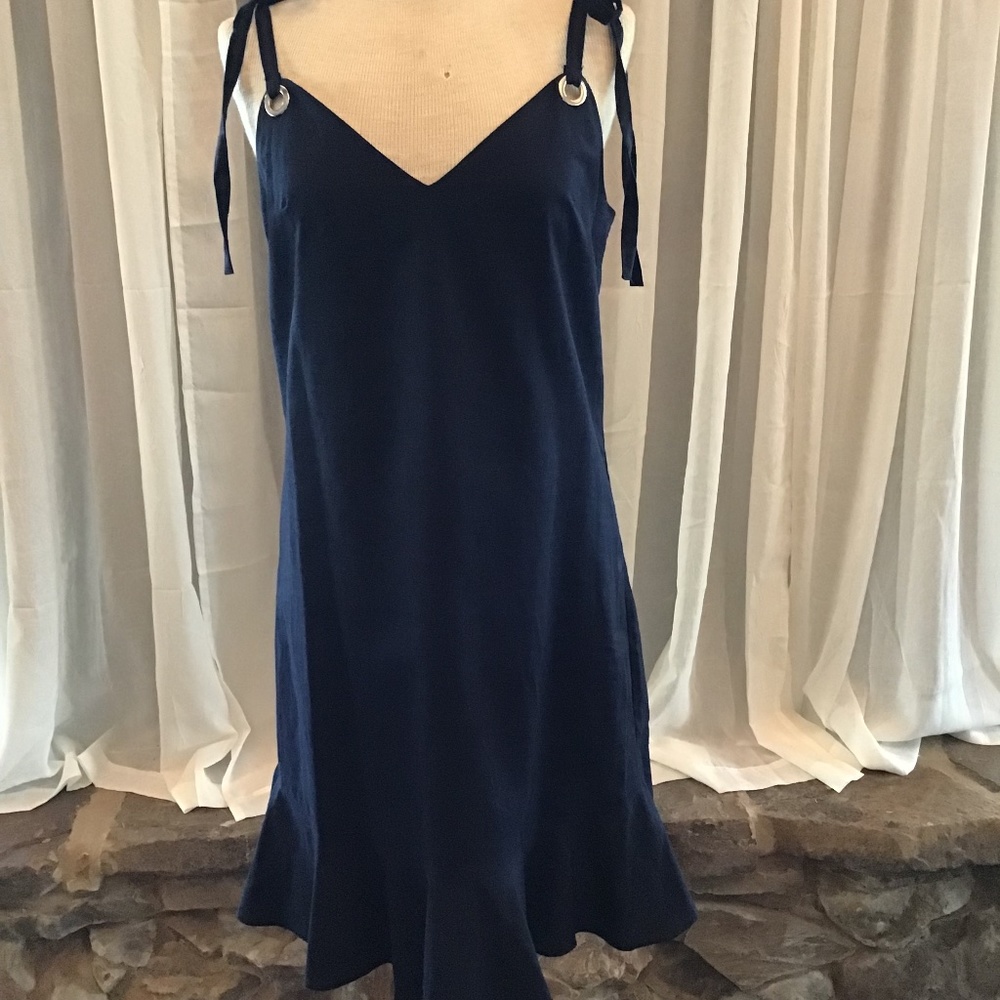 Gianni Bing Sundress Navy Linen with flounce ruffle, lined Never Worn NWT